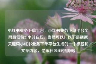 小红书业务下单平台，小红书业务下单平台全网最低价24小时在线，当然可以！以下是根据关键词小红书业务下单平台生成的一个标题和文章内容，亿乐社区SUP货源站